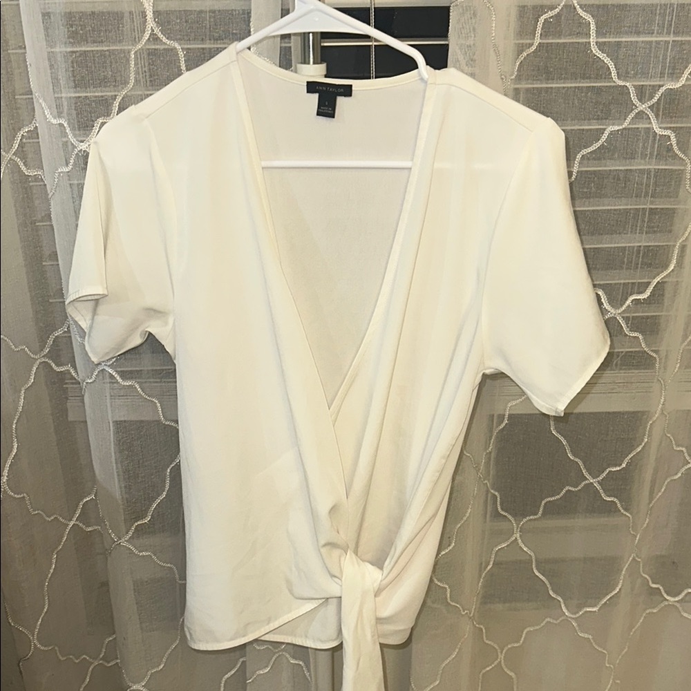Ann Taylor Cream Short Sleeve Wrap Blouse